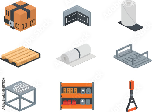 Isometric Warehouse and Logistics Equipment Icons Set.