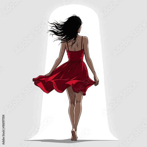 Create a Woman in a red summer dress walking in backlight with wind blowing her hair, vector art with white background.