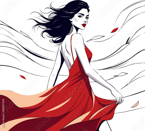 Create a Woman in a red summer dress walking in backlight with wind blowing her hair, vector art with white background.