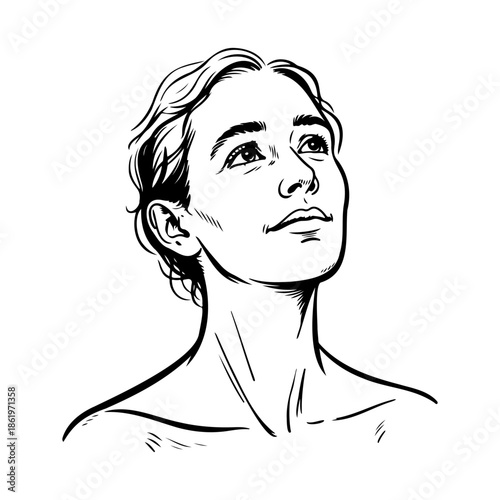 Pensive Man Looking Upward Thoughtful Sketch Portrait Illustration
