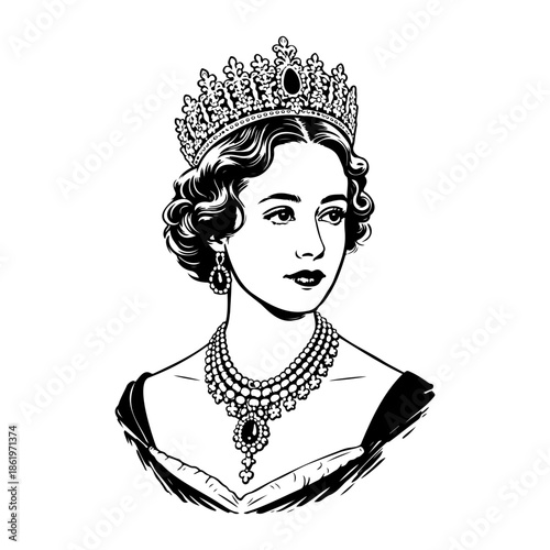 Vintage Queen Portrait Royal Woman Black and White Illustration