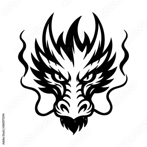 Tribal Dragon Face Silhouette Black and White Vector Illustration