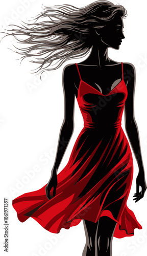 Create a Woman in a red summer dress walking in backlight with wind blowing her hair, vector art with white background.
