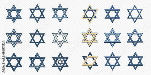 Collection of Star of David symbols in various styles and colors, representing Jewish faith and heritage.