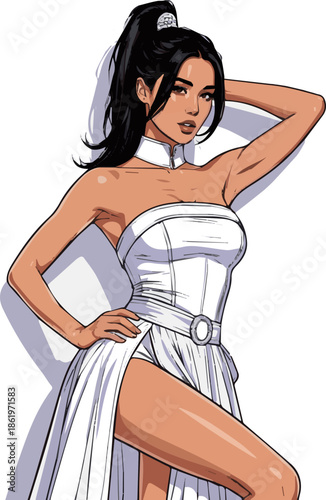 Create a woman wearing a chic white costume standing confidently vector art with white background.
