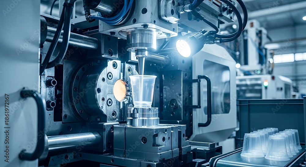 Fototapeta premium Automated Plastic Cup Production in a Modern Factory Setting.