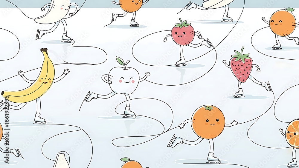 Seamless repeating pattern of cheerful fruit characters ice skating on a bright winter background