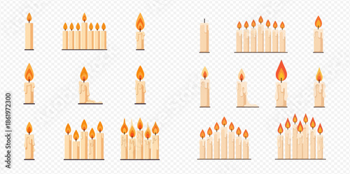 Set of various burning candles with flickering flames for decoration and celebration.