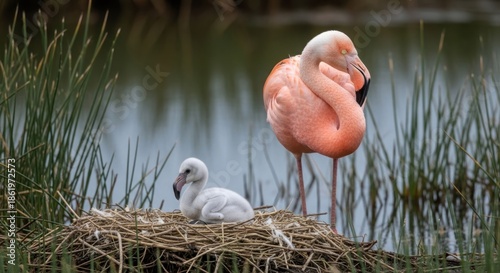 Pink flamingo watches its white chick in a reed nest by calm water