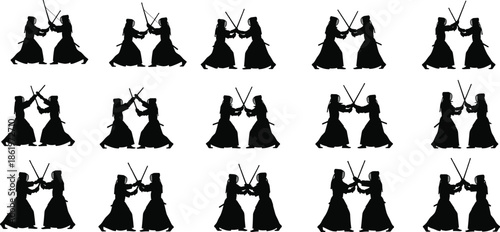Kendo martial arts silhouette collection of Japanese sword fighting athletes practicing bamboo shinai combat techniques in traditional armor protective gear for sports graphic design