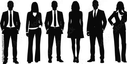 Professional business team silhouettes standing in a row, diverse corporate group of men and women in formal suits, isolated people icons for office leadership.