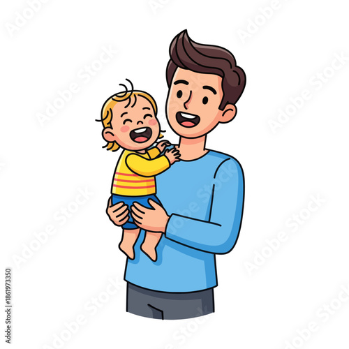 Joyful moment of a father holding his laughing young child in a playful cartoon scene