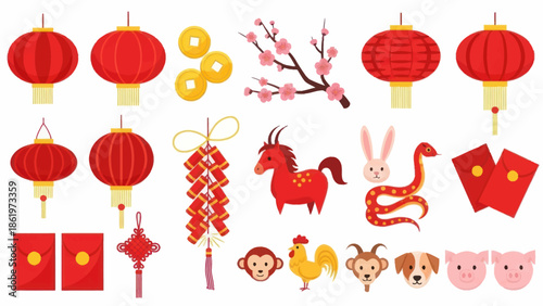 Chinese New Year Decorations and Zodiac Animals.
