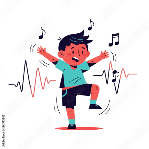Joyful boy dancing energetically with musical notes and heartbeat lines illustrating lively rhythm