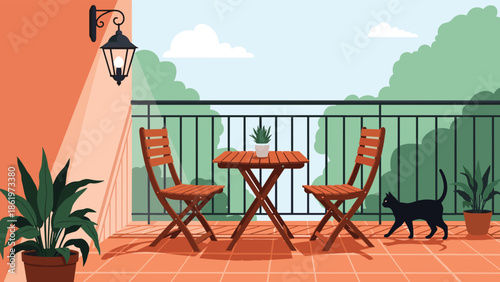 Cozy balcony scene with wooden table and chairs, potted plants, a black cat walking, and a view of green trees under a bright sky.