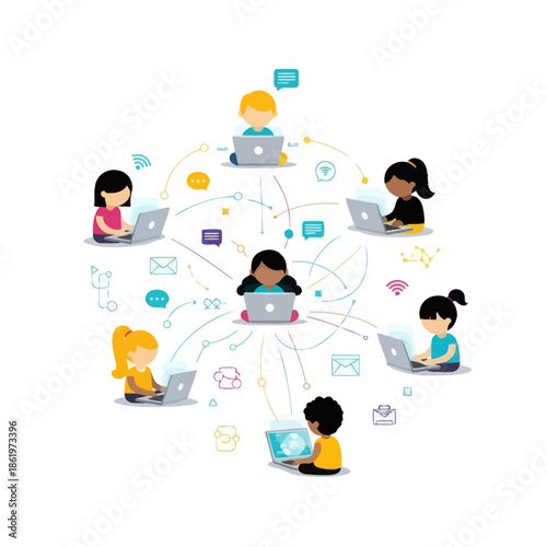 Collaborative digital workspace illustrating diverse users engaging with technology and connectivity