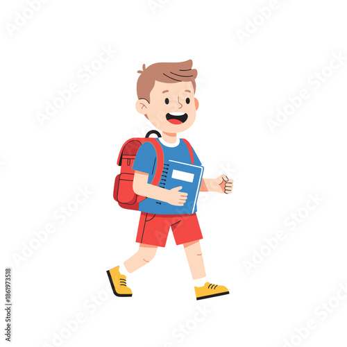 Cheerful young boy walking confidently to school with a backpack and a book in hand during daytime
