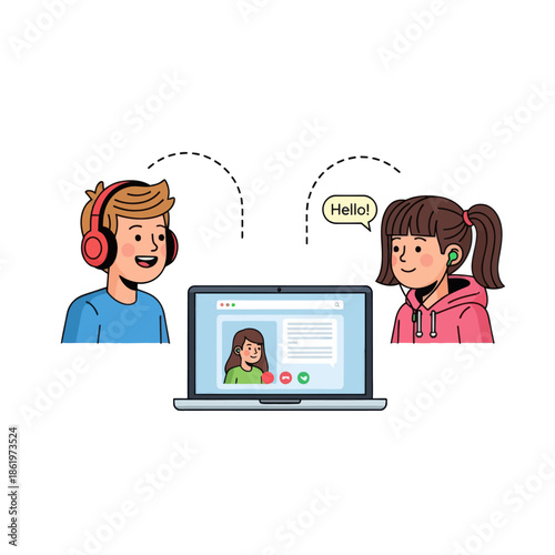 Digital communication between two friends with headphones during an online video call in a