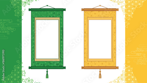 Set of two traditional Japanese hanging scrolls featuring intricate patterns in green and gold colors with blank centers for text.