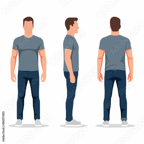 Minimal Casual Man Character Vector Standing Poses Front Side Back