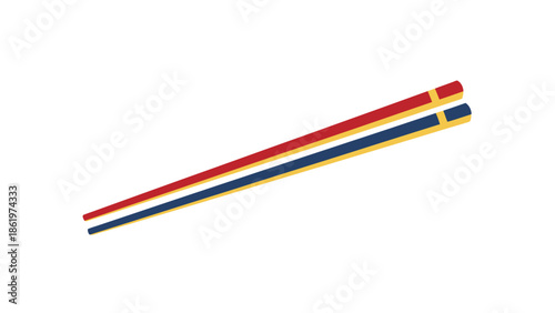 Vibrantly colored red and blue chopsticks with golden tips, essential Asian dining tools