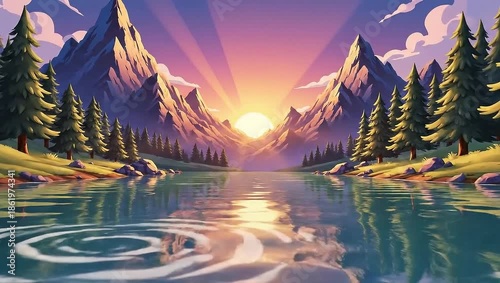 Serene Mountain Lake at Sunset - A Tranquil Landscape Painting.