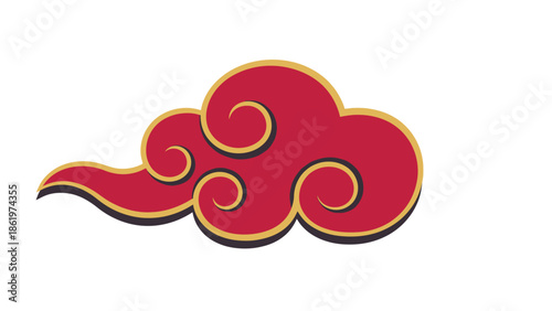 Red cloud with golden swirls, Asian-inspired art style, isolated on white
