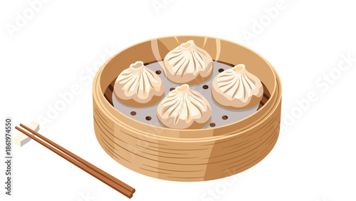 Traditional Chinese bamboo steamer basket containing four hot soup dumplings also known as xiao long bao with chopsticks beside it.