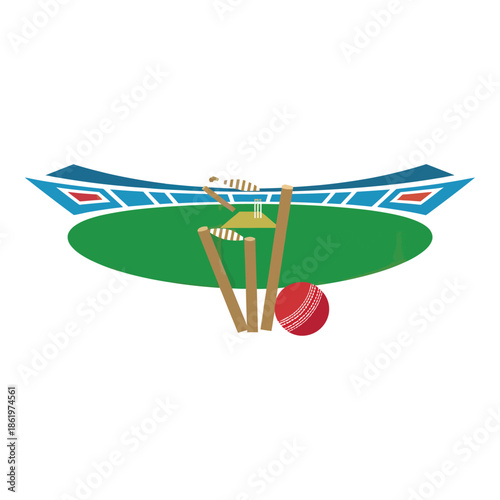 Cricket game illustration with stumps and ball on field Vector illustration