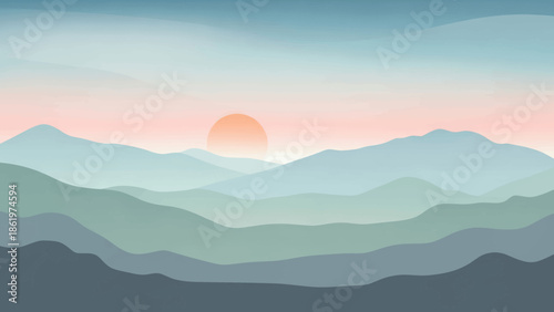 Serene mountain landscape at sunrise with soft pastel colors and gentle mist.