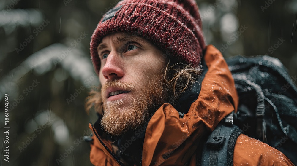 Obraz premium Bearded man in winter gear hiking in snowy forest with backpack