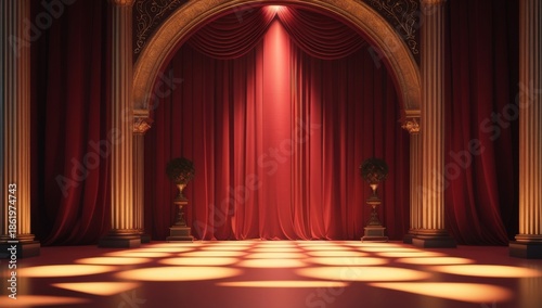 Grand Red and Gold Luxury Theater Stage with Curtains and Staircase. Elegant Broadway Theater Stage with Red Velvet Curtains and Golden Decor. Majestic Opera Stage with Red Curtain Gold Ornament