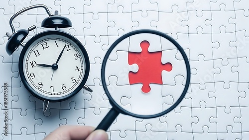 Concept of time management and problem solving featuring an alarm clock and a magnifying glass over a white jigsaw puzzle with a missing piece