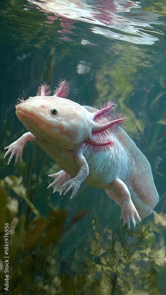 Obraz premium Close-up of albino axolotl swimming in clear water with aquatic plants