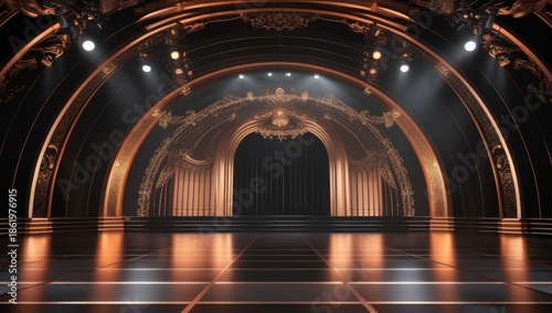 Art Deco Dark Theater Stage with Black Curtain and Gold Ornamental Details. Vintage Art Deco Entertainment Stage with Golden Frame and Dark Ambiance. Elegant Dark Stage Interior with Golden Art Deco