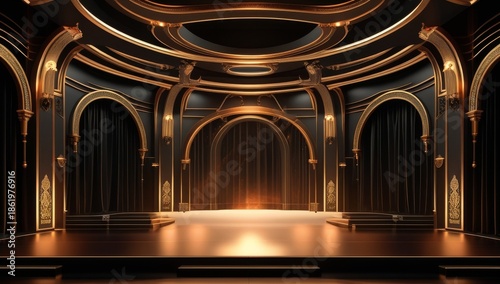 Art Deco Dark Theater Stage with Black Curtain and Gold Ornamental Details. Vintage Art Deco Entertainment Stage with Golden Frame and Dark Ambiance. Elegant Dark Stage Interior with Golden Art Deco