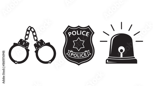 Police symbols in monochrome illustration with bold lines and simple shapes for law enforcement branding