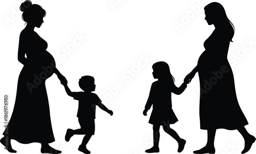 Mother and children silhouette walking together symbolizing family love parenting care bonding motherhood childhood unity isolated on white background
