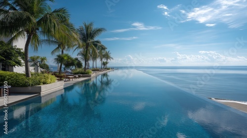 Infinity pool overlooking ocean with palm trees on a sunny day.