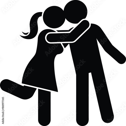 Simple black and white icon illustration of a man and woman sharing an affectionate hug