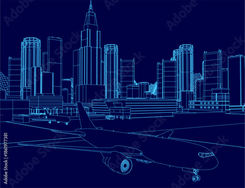 A detailed blueprint of an aeroplane on a runway is parked before a vast city skyline with numerous buildings.