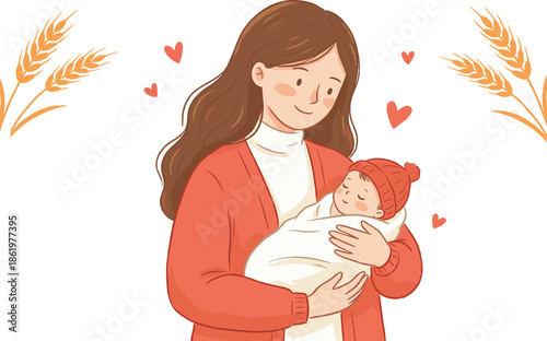 Mother holding newborn baby illustration expressing maternal love care tenderness motherhood bonding warmth family happiness soft hand drawn style