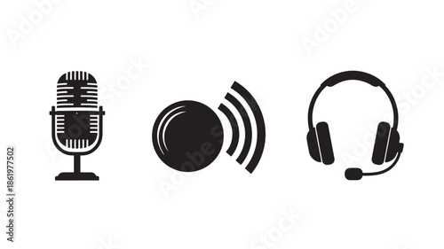 Podcasting equipment in minimalist black design with simple sound waves on white background for media production