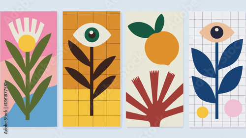 Vibrant abstract art with floral and eye motifs on colorful backgrounds