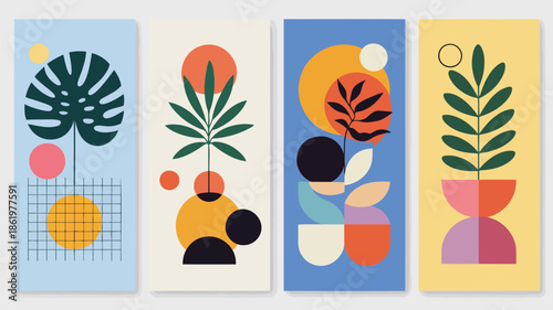 Vibrant abstract art with tropical leaves and geometric shapes