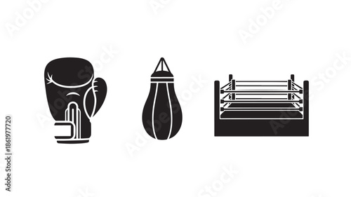 Boxing Equipment Silhouettes in Modern Minimalist Style with High Contrast Lighting on White Background for Sports Illustration
