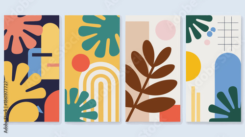 Vibrant abstract art prints with modern geometric shapes and nature inspired elements