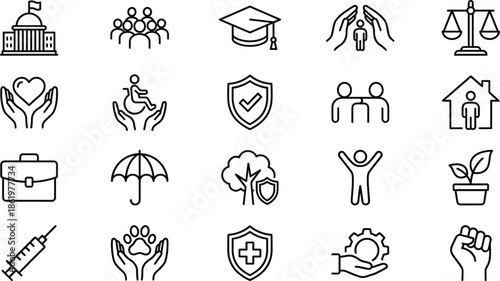 Social services and human rights line icon set representing healthcare education justice protection community support welfare modern outline design