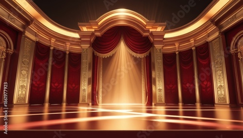 Grand Red and Gold Luxury Theater Stage with Curtains and Staircase. Elegant Broadway Theater Stage with Red Velvet Curtains and Golden Decor. Majestic Opera Stage with Red Curtain Gold Ornament