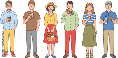 Young adults lifestyle illustration set showing diverse modern people in casual outfits enjoying food drinks everyday urban life